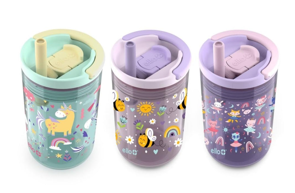 Ello Kids Bop tumbler with rainbow pattern for spill-resistant, on-the-go hydration.