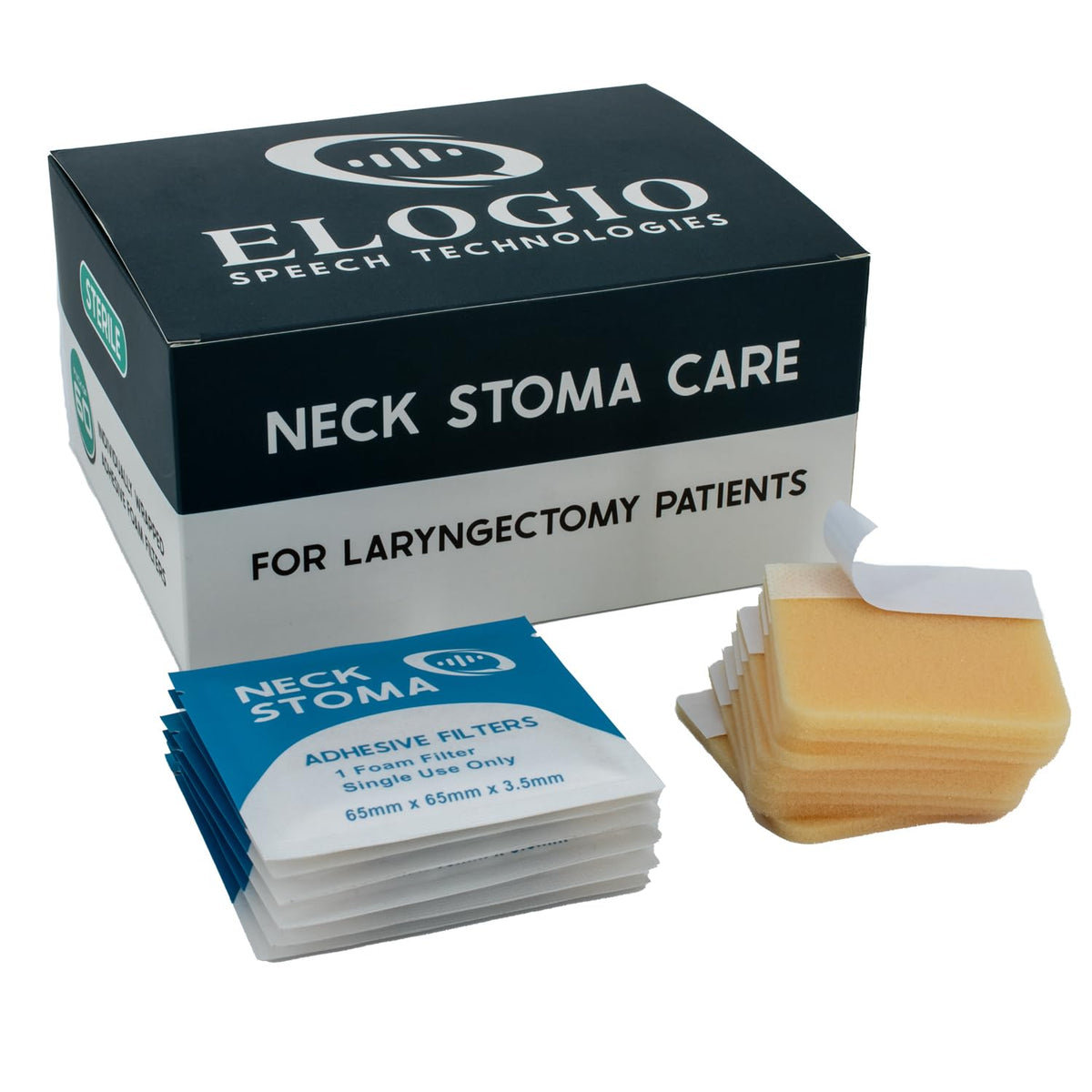 Elogio Foam Stoma Protector filter, 60-count pack for neck stoma use.