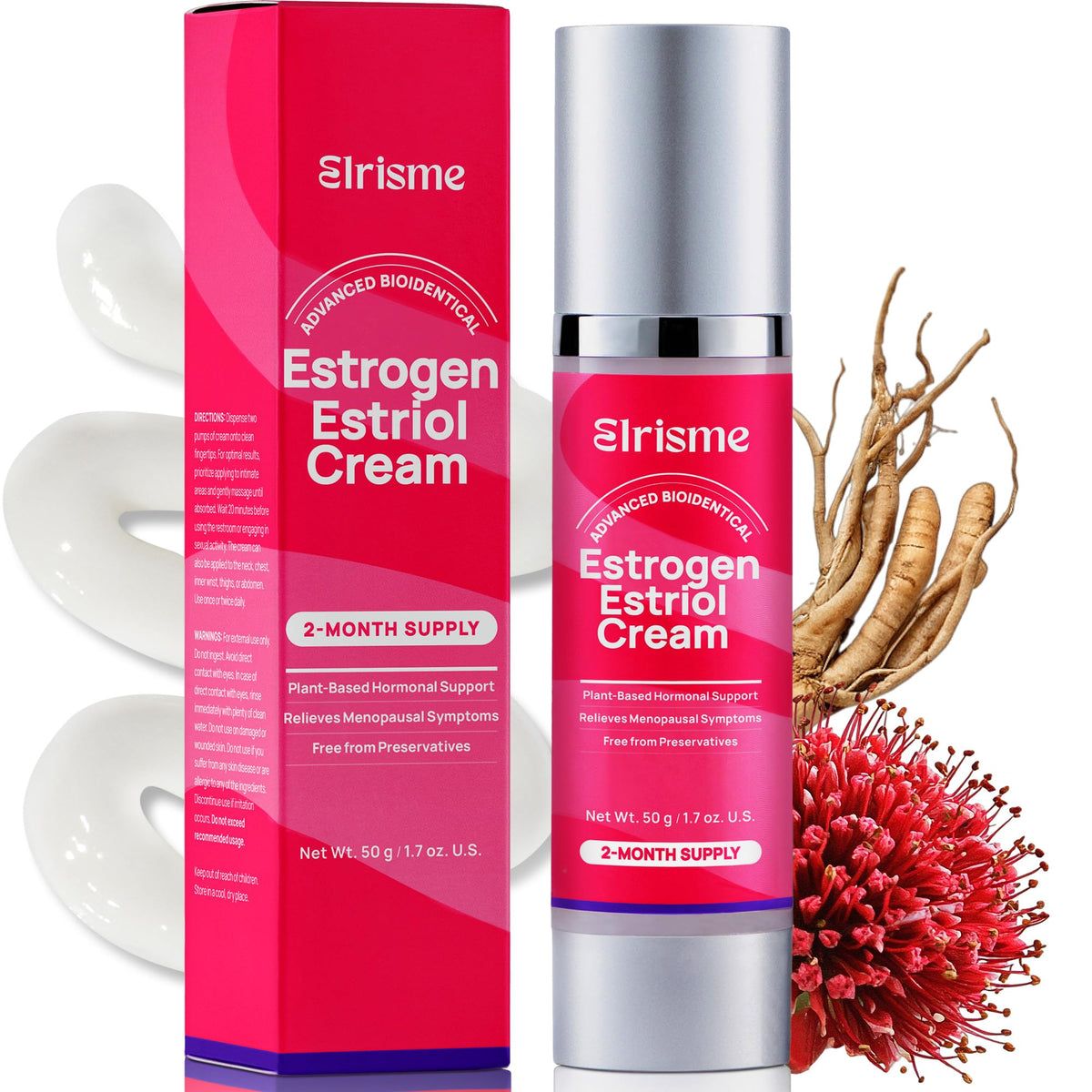 Elrisme Estriol Cream packaging for convenient menopause care at home.