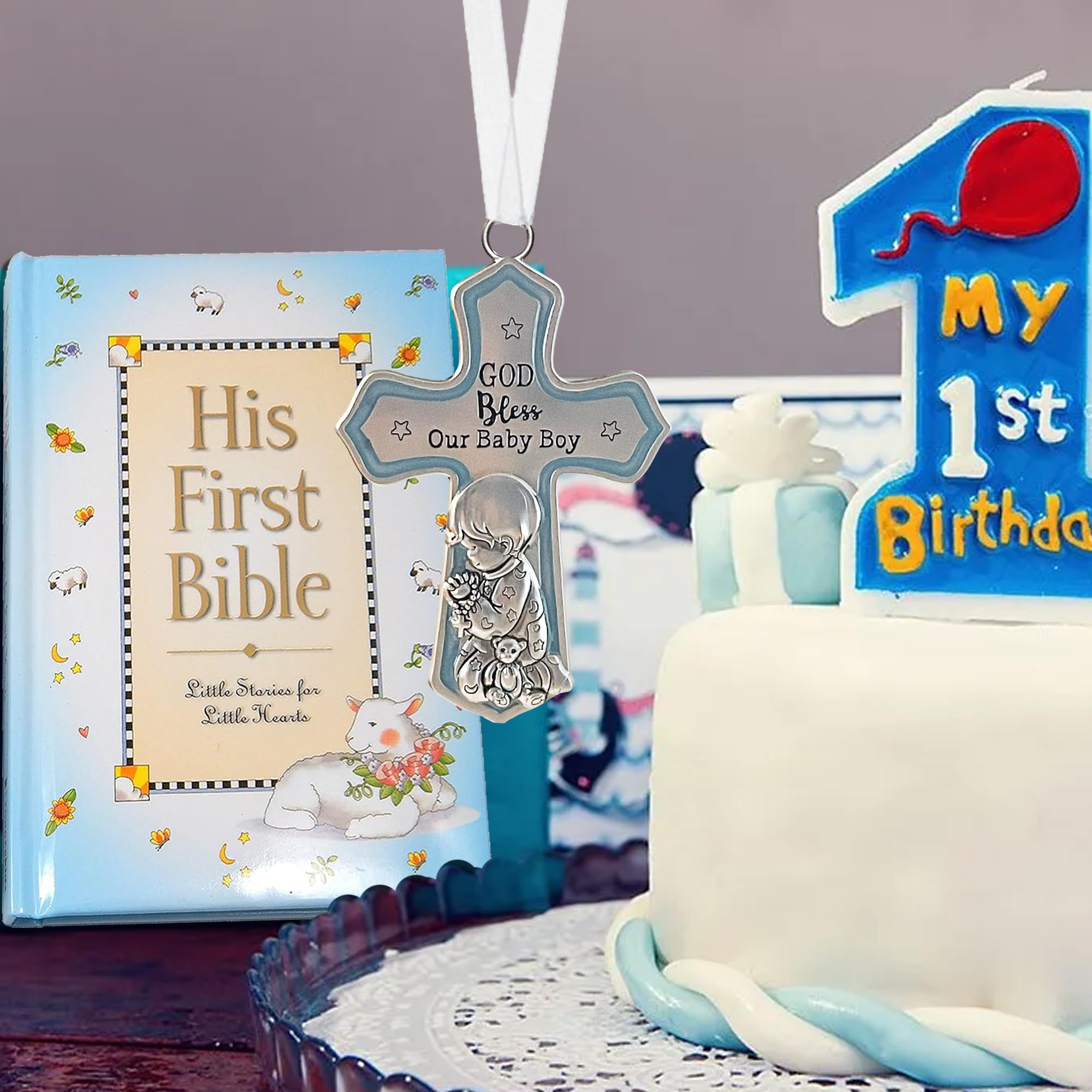 Elskandi engraved cross God bless our baby boy—personalized sentiment for a treasured keepsake.
