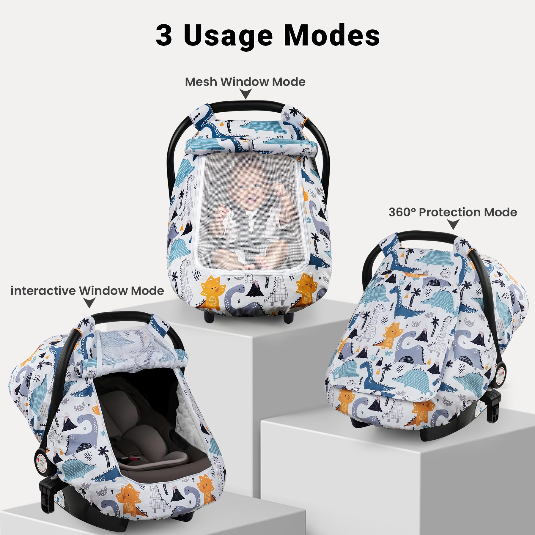 Elstey car seat cover shows a zippered mesh window for ventilation and baby observation