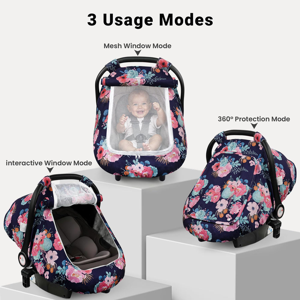 Elstey car seat cover shows a zippered mesh window for ventilation and observation.