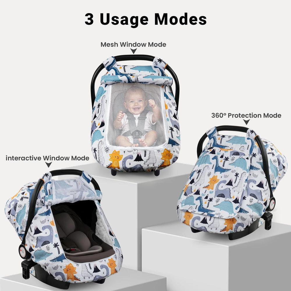 Elstey car seat cover shows a zippered mesh window for ventilation and baby observation
