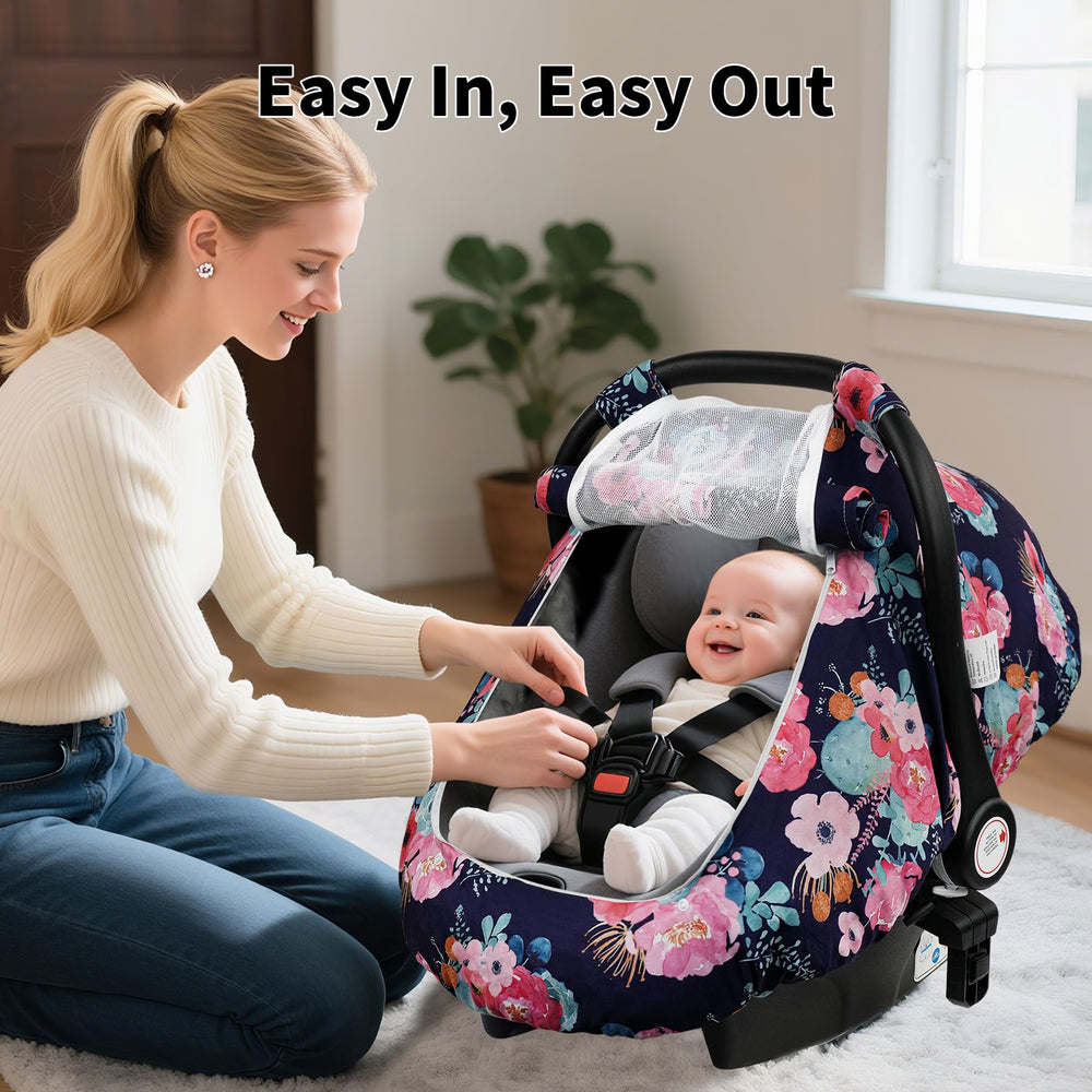 Elstey wide window car seat cover allows easy baby in-out without removing cover.