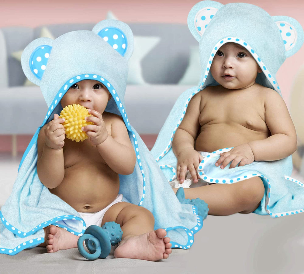 ELSVIN hooded towel blue side view shows generous 35x35 inch size for growing babies