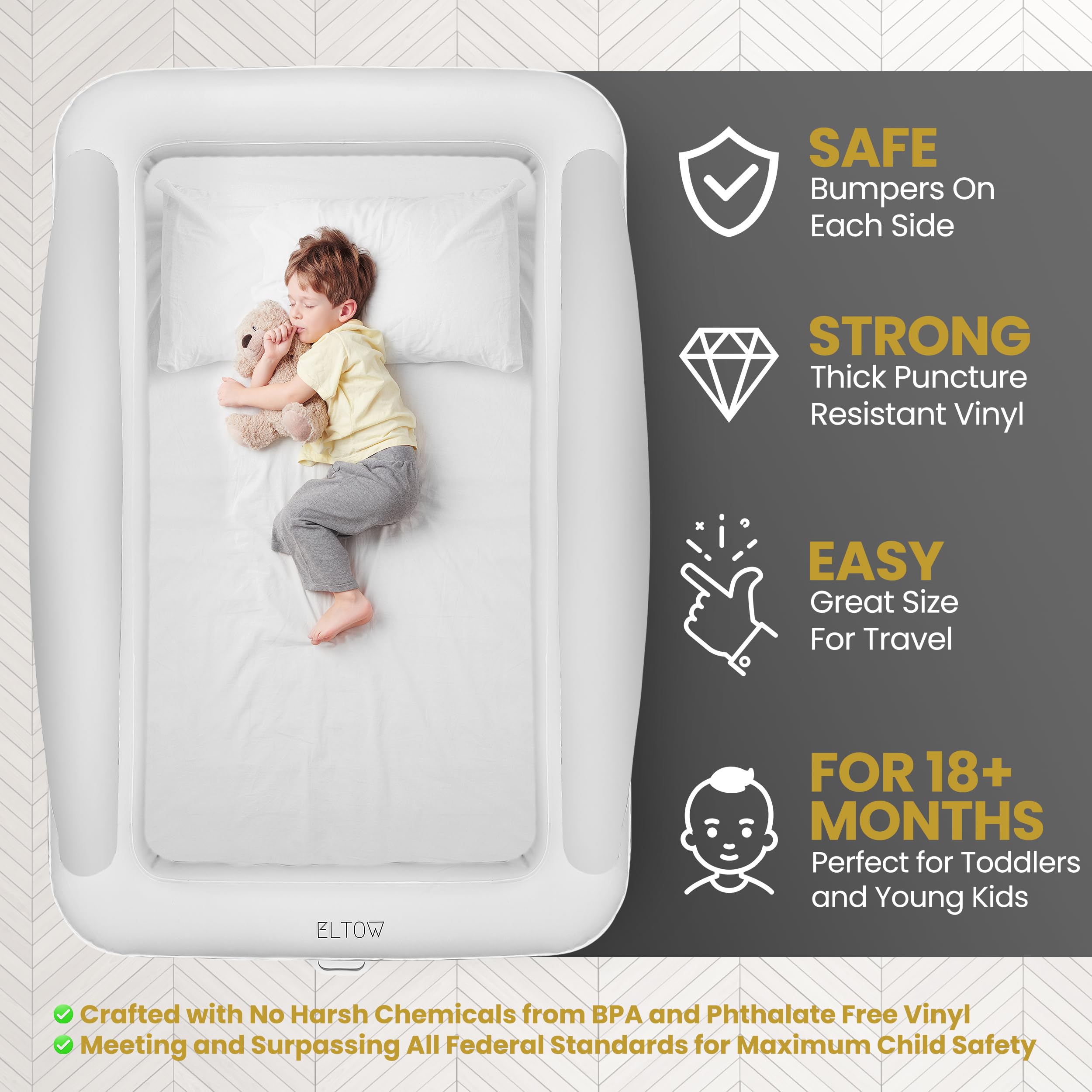 ELTOW toddler blow-up bed side view showing built-in safety bumpers for secure sleep