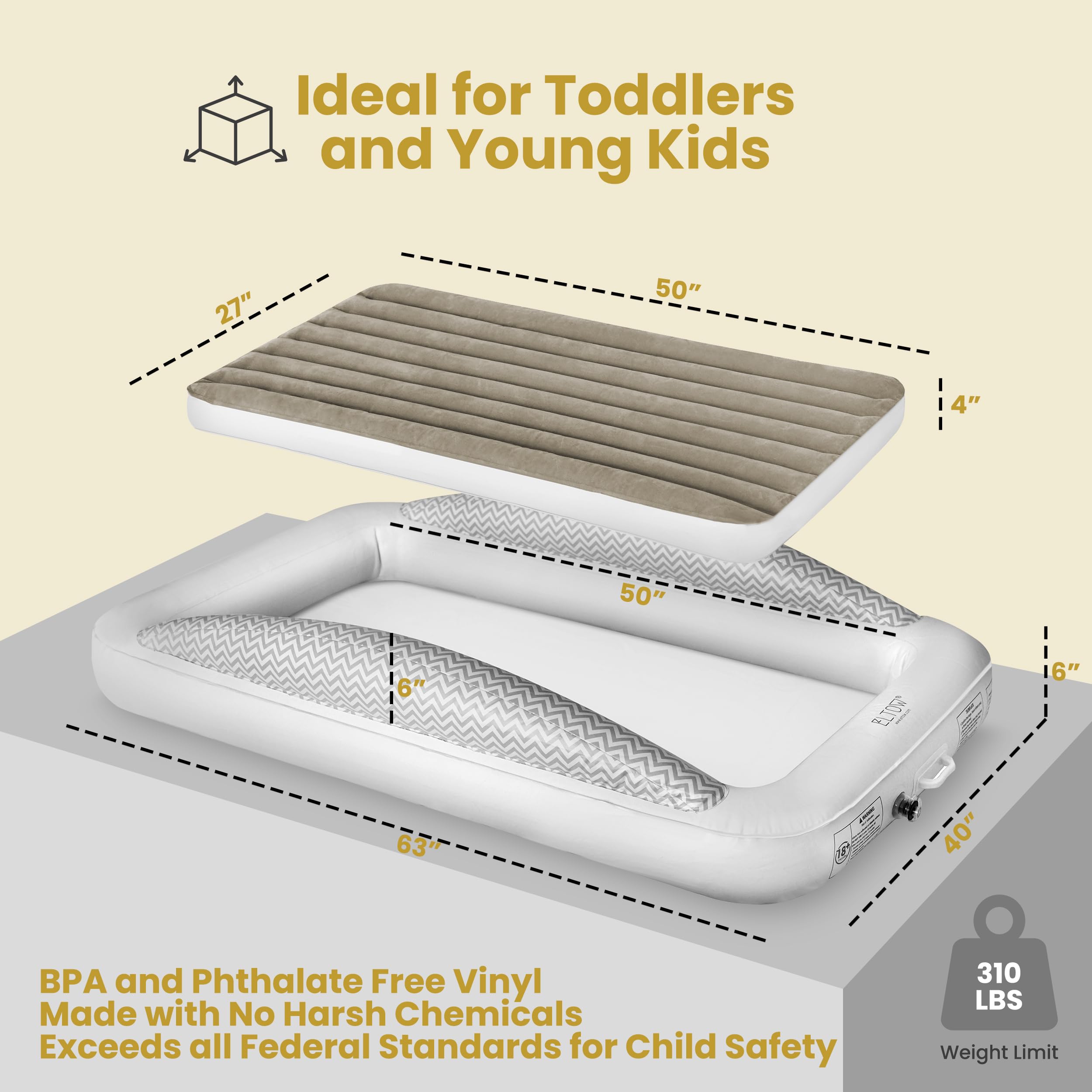 Built-in safety bumper sides on the ELTOW travel bed.