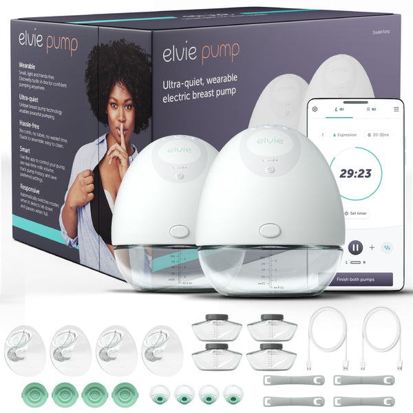Elvie double pump wearable bra compact design for discreet pumping on the go.