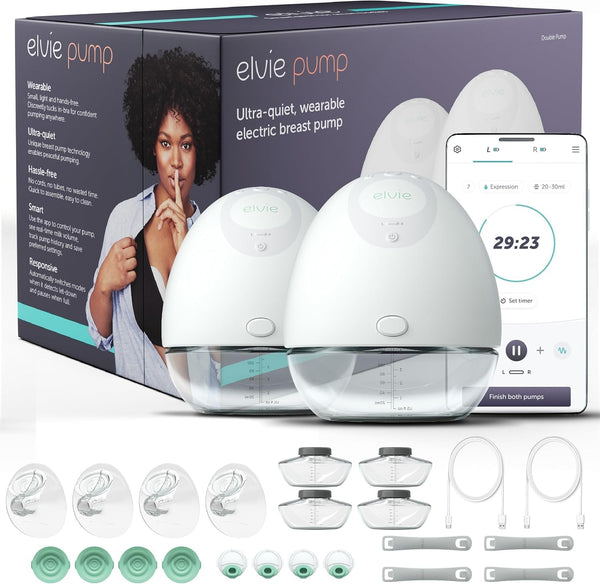 Elvie double wearable pump in bra setup for hands-free pumping on the go.