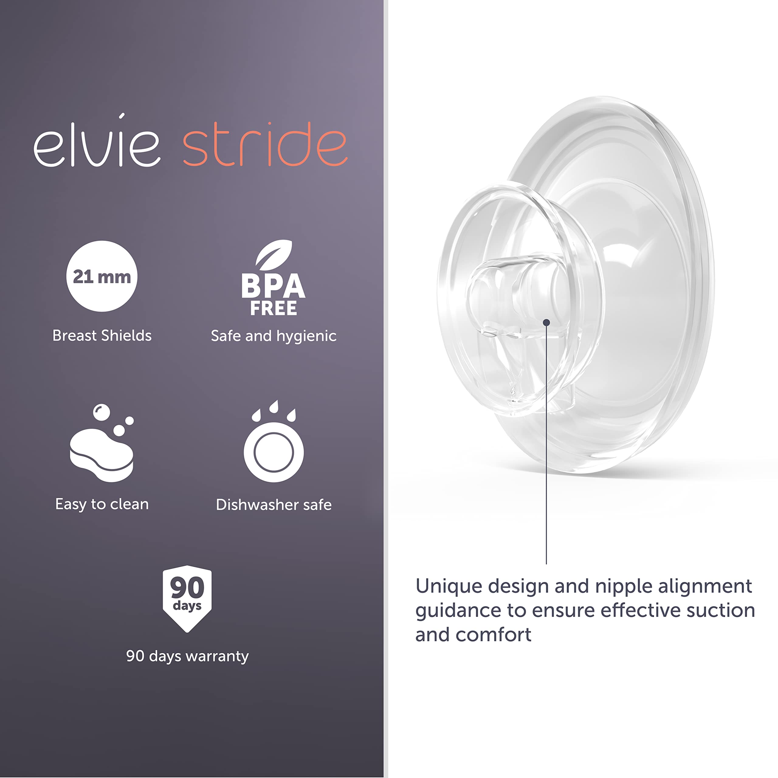 Elvie Stride 21mm shield close-up shows smooth BPA-free plastic.