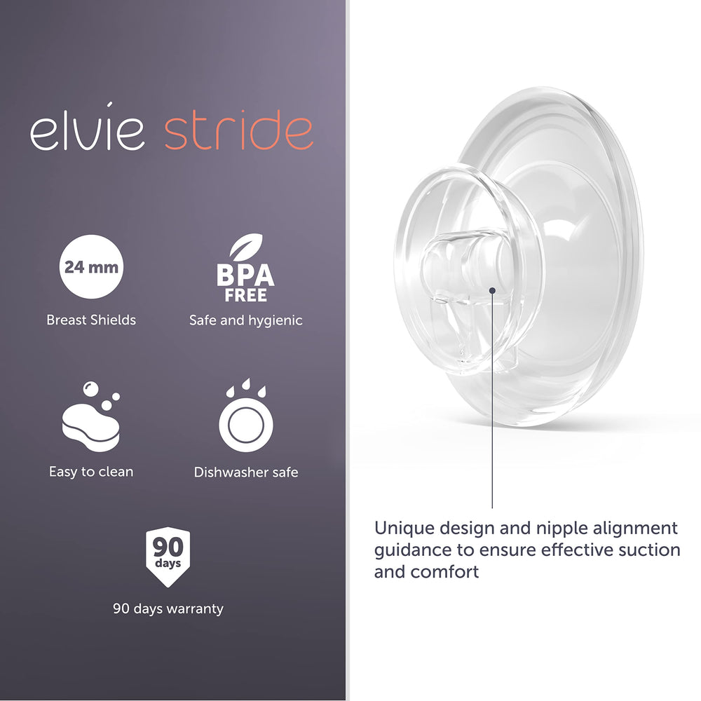 Elvie Stride 24mm shield closeup demonstrates precise nipple alignment for efficient pumping.