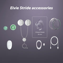 Elvie Stride 24mm two-pack shield packaging highlights BPA-free materials for safe daily use.