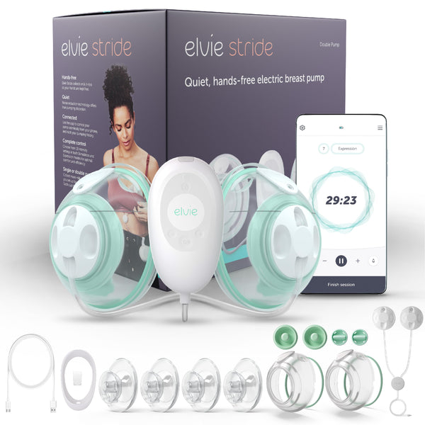 Elvie Stride pump worn in bra enables hands-free, discreet pumping.
