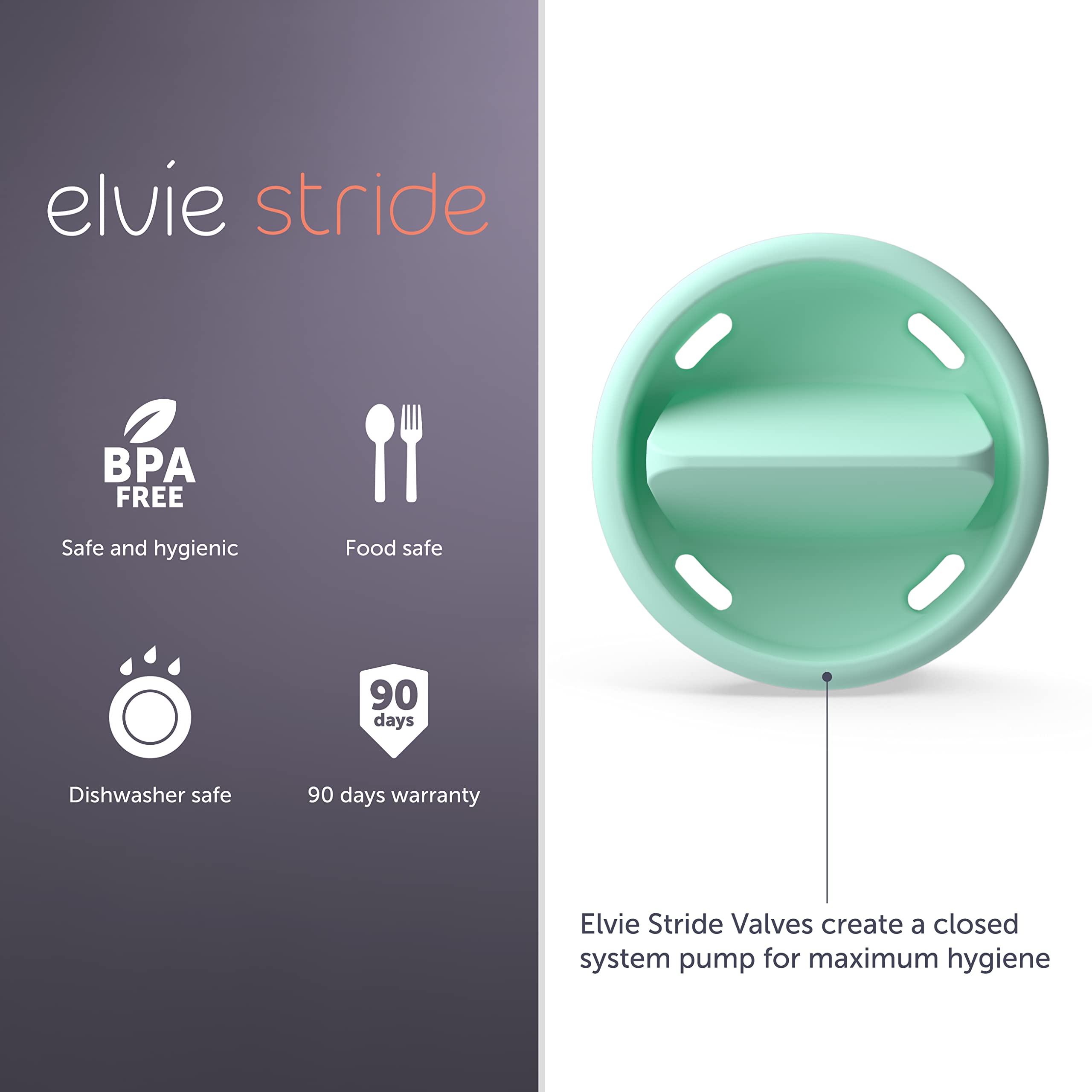Elvie Stride valve shown as dishwasher-safe for quick maintenance