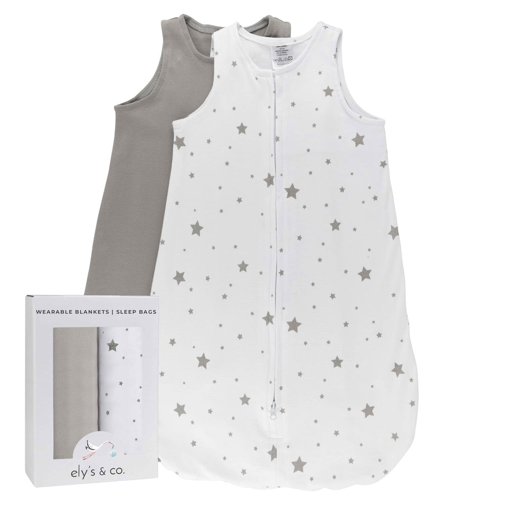 Ely's Co. Baby Sleep Sack grey star, front view, breathable cotton for comfort.