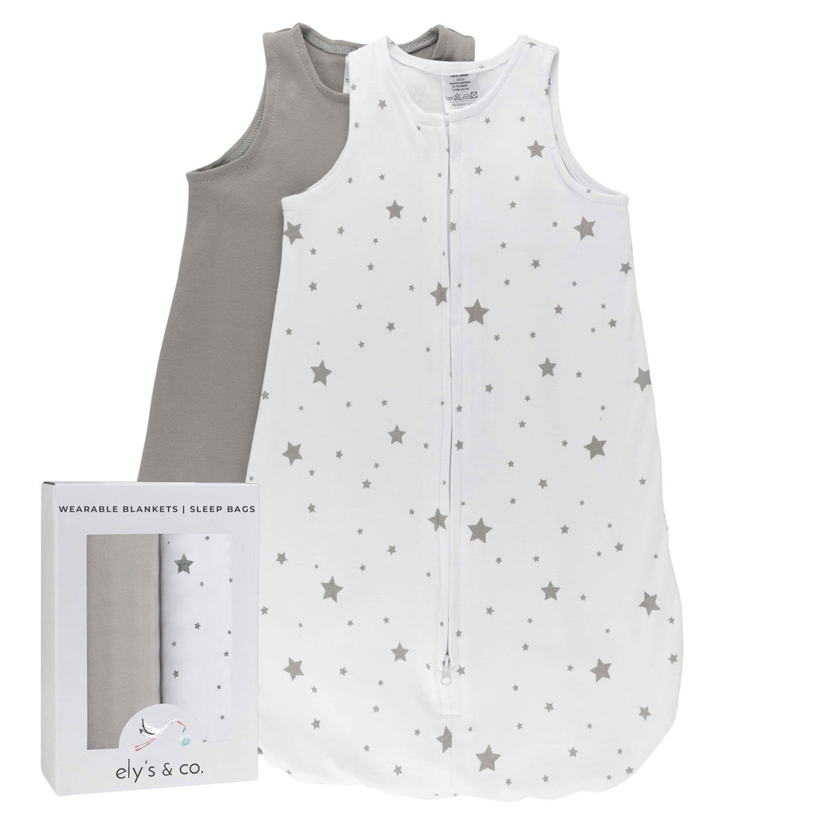 Ely's Co. Baby Sleep Sack grey star, front view, breathable cotton for comfort.