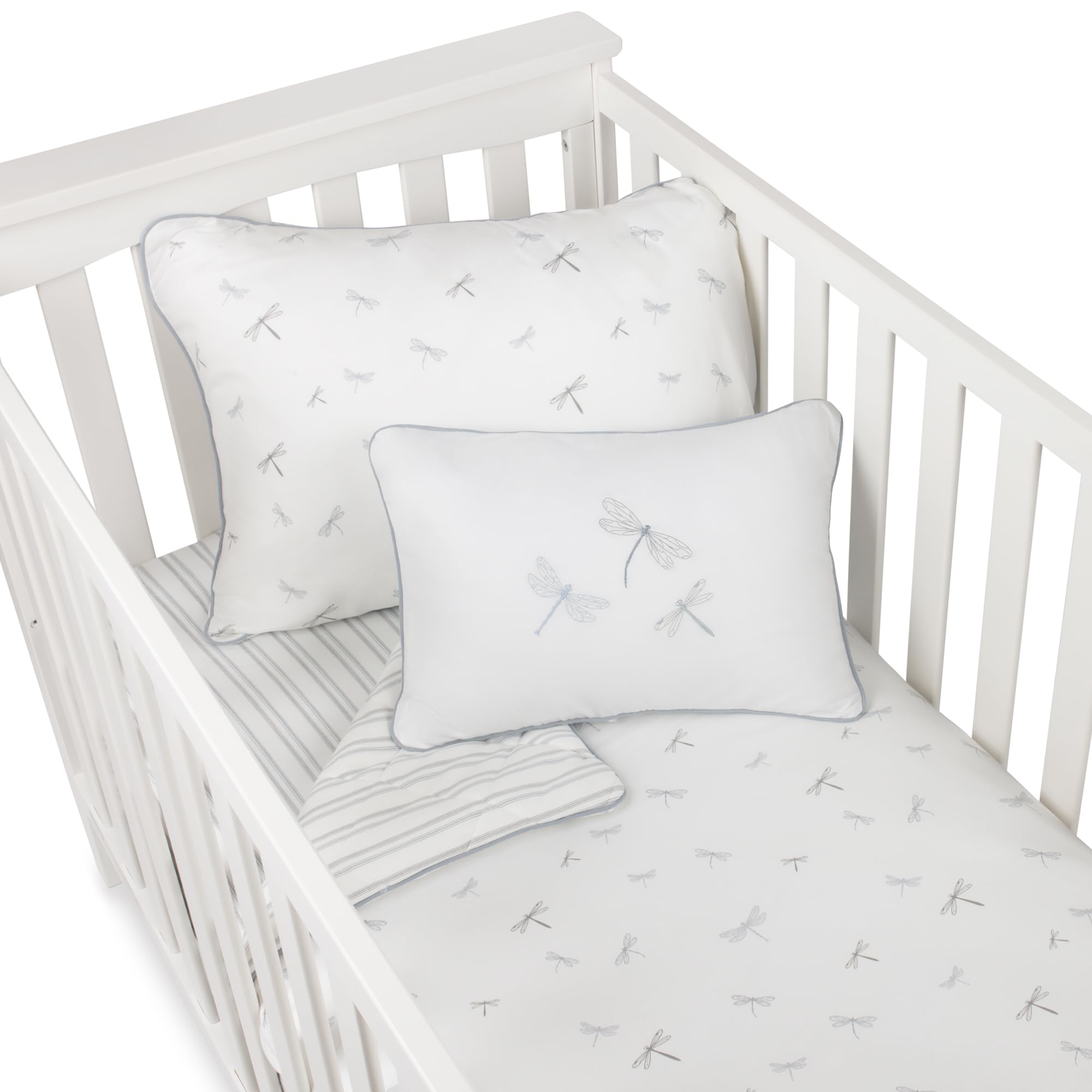 Ely's & Co pillowcase in blue dragonfly stripes fits standard pillows for easy styling.