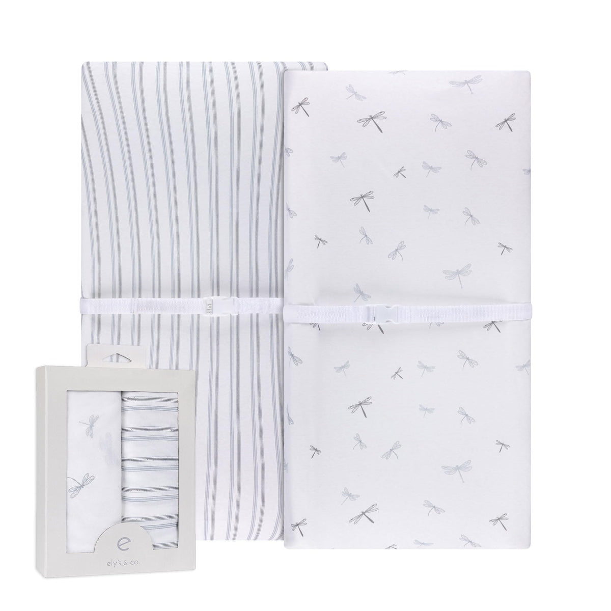 Ely’s & Co. dragonfly-stripe changing pad cover in soft jersey knit.