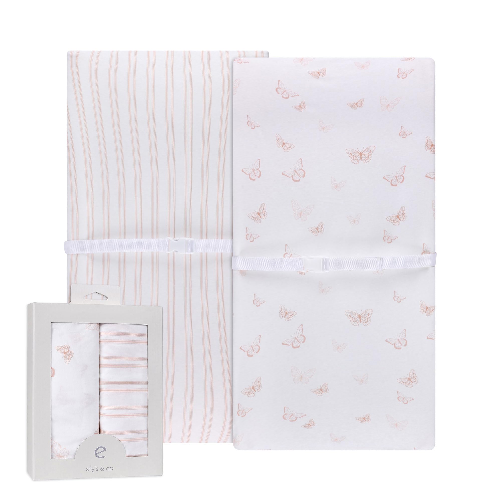 Ely's & Co. changing pad cover pink butterfly closeup, soft jersey knit cotton for baby comfort.