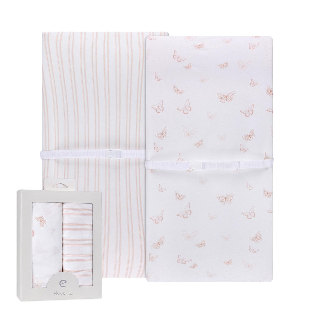 Ely's & Co. changing pad cover pink butterfly closeup, soft jersey knit cotton for baby comfort.