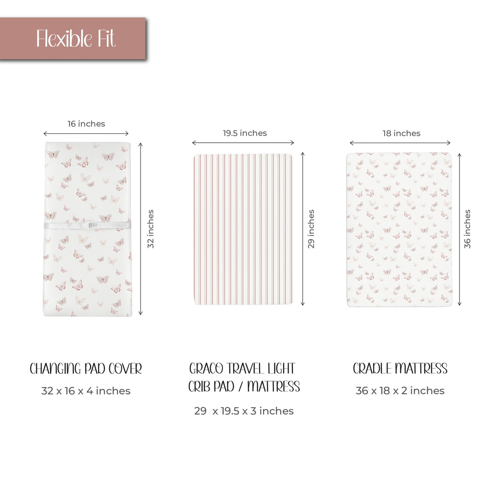 Ely's & Co. changing pad cover pink butterfly striped pattern, adds a calm nursery aesthetic.