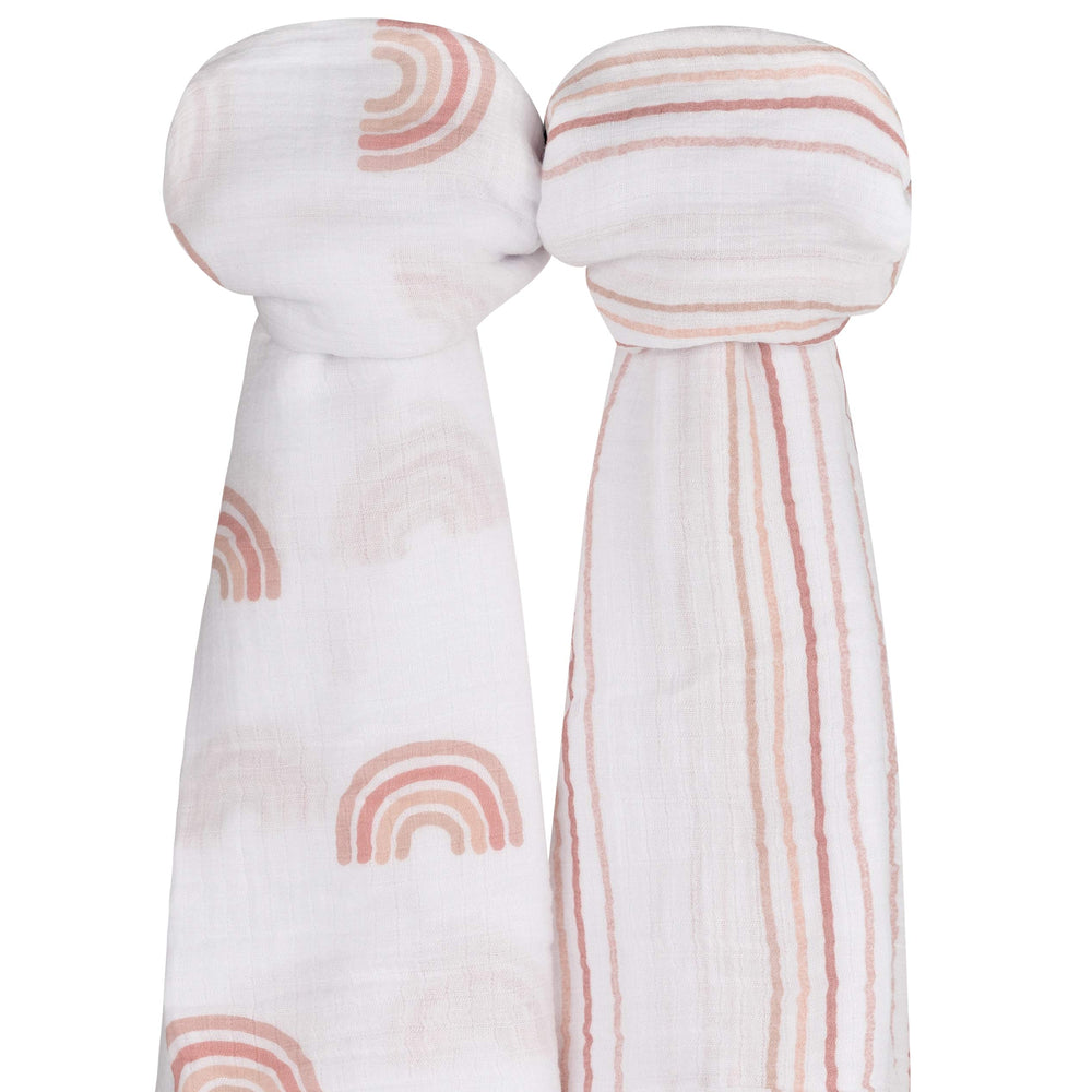 Ely's & Co dusty rose stripes swaddle with soft, breathable fabric.