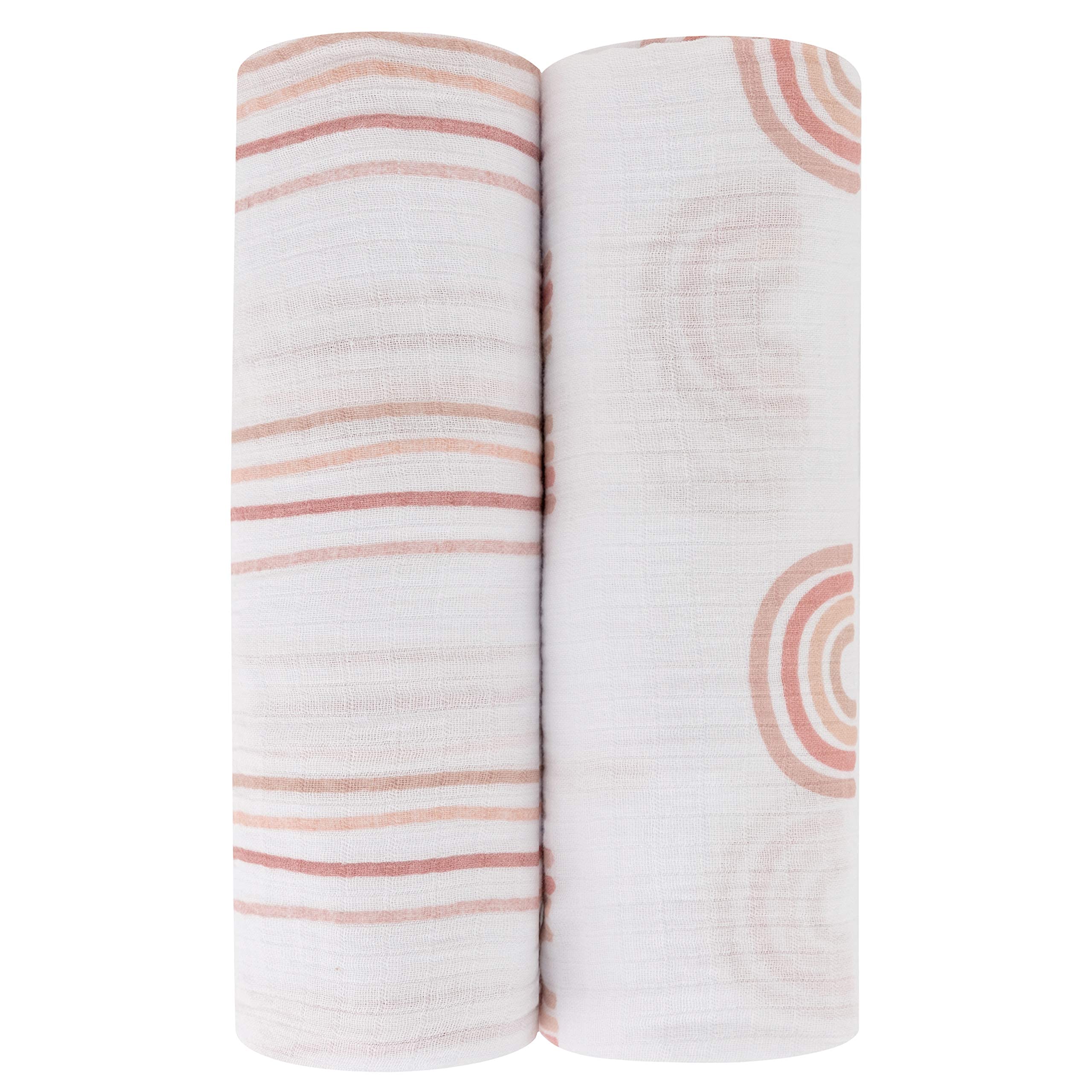 Ely's & Co rainbow print cotton muslin swaddle blanket offers breathable comfort.