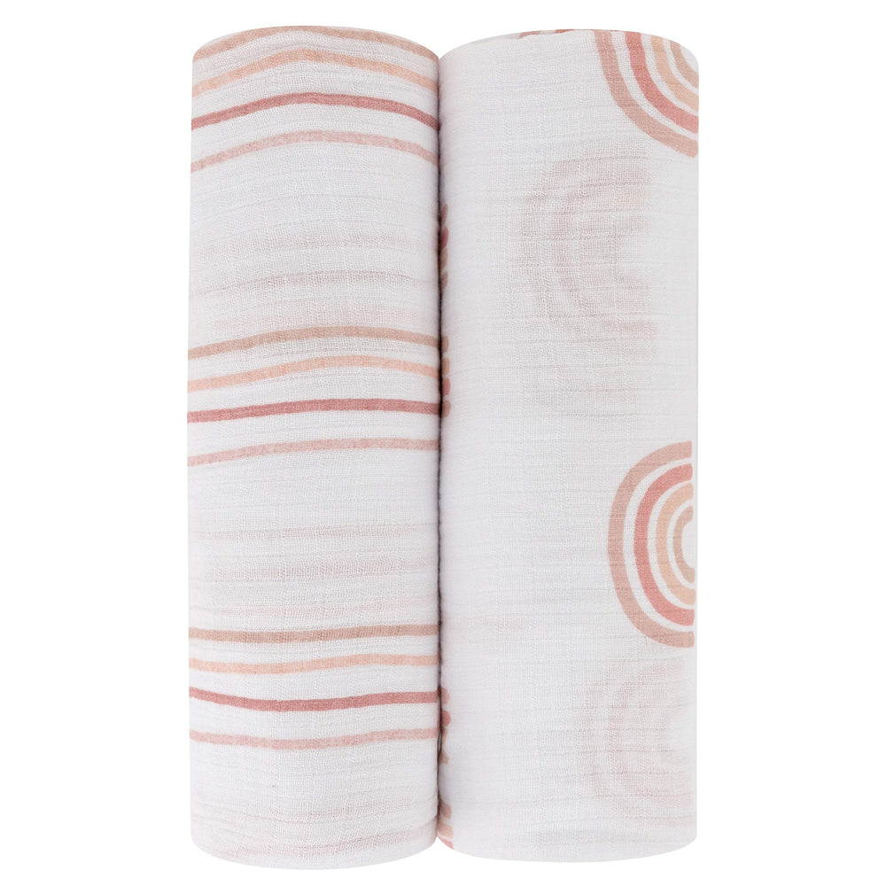 Ely's & Co rainbow print cotton muslin swaddle blanket offers breathable comfort.