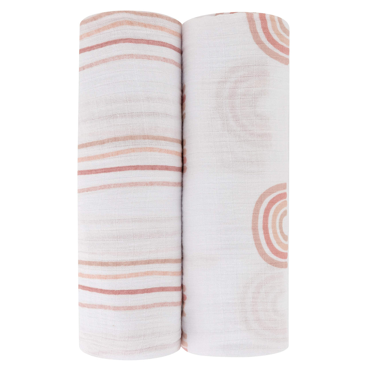 Ely's & Co rainbow print cotton muslin swaddle blanket offers breathable comfort.