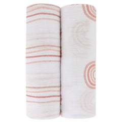 Ely's & Co rainbow print cotton muslin swaddle blanket offers breathable comfort.