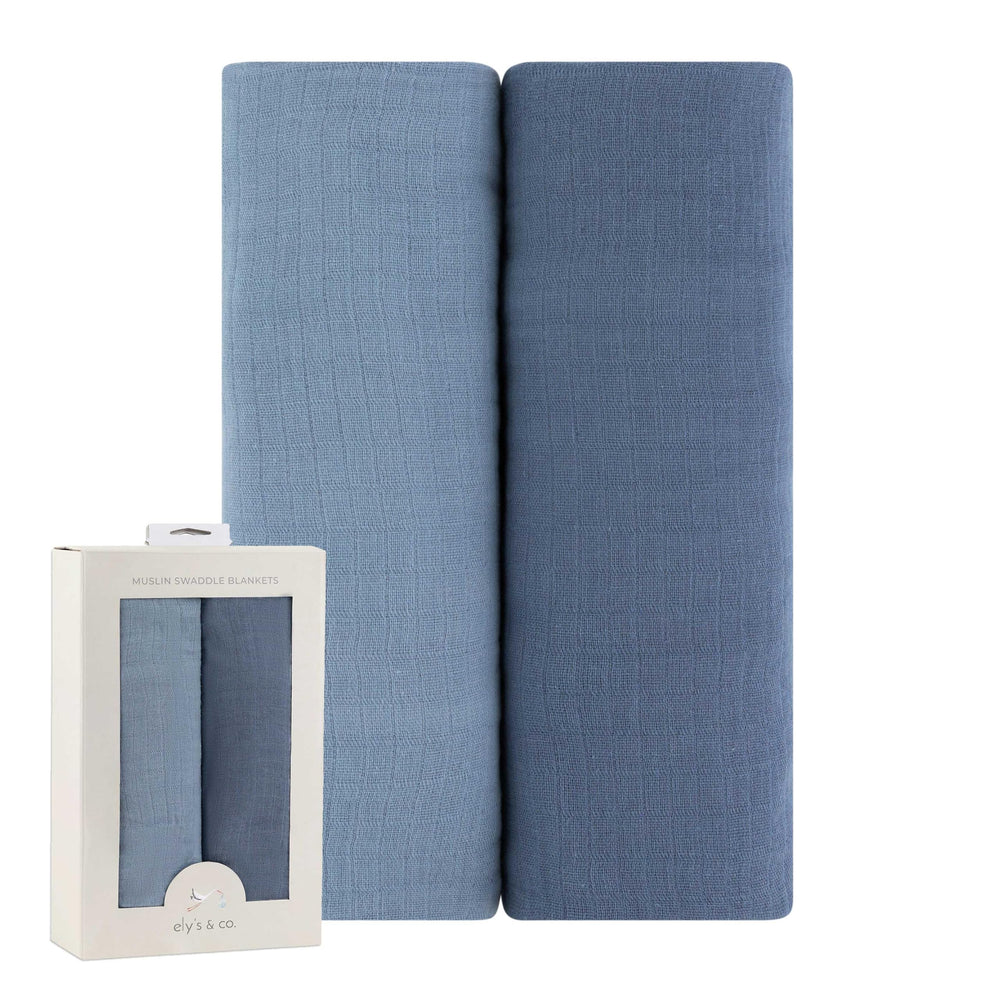 Ely's & Co. cotton muslin swaddle blankets in sapphire and indigo, soft and breathable for baby comfort.
