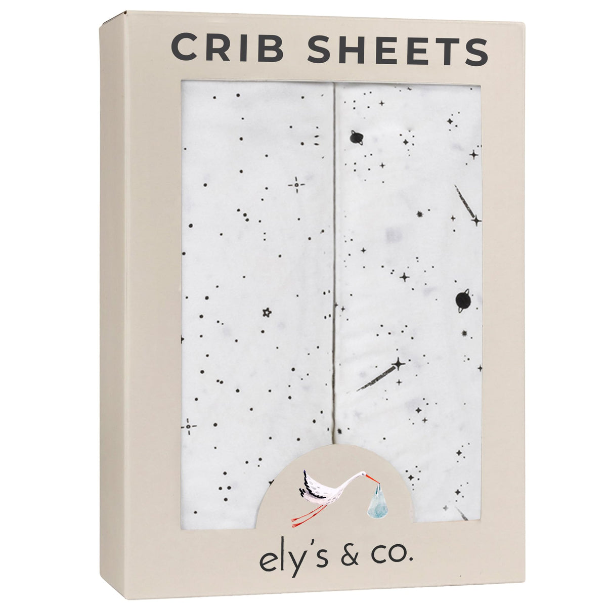 Ely’s & Co. crib sheet in black and white celestial print for crib and toddler bed.