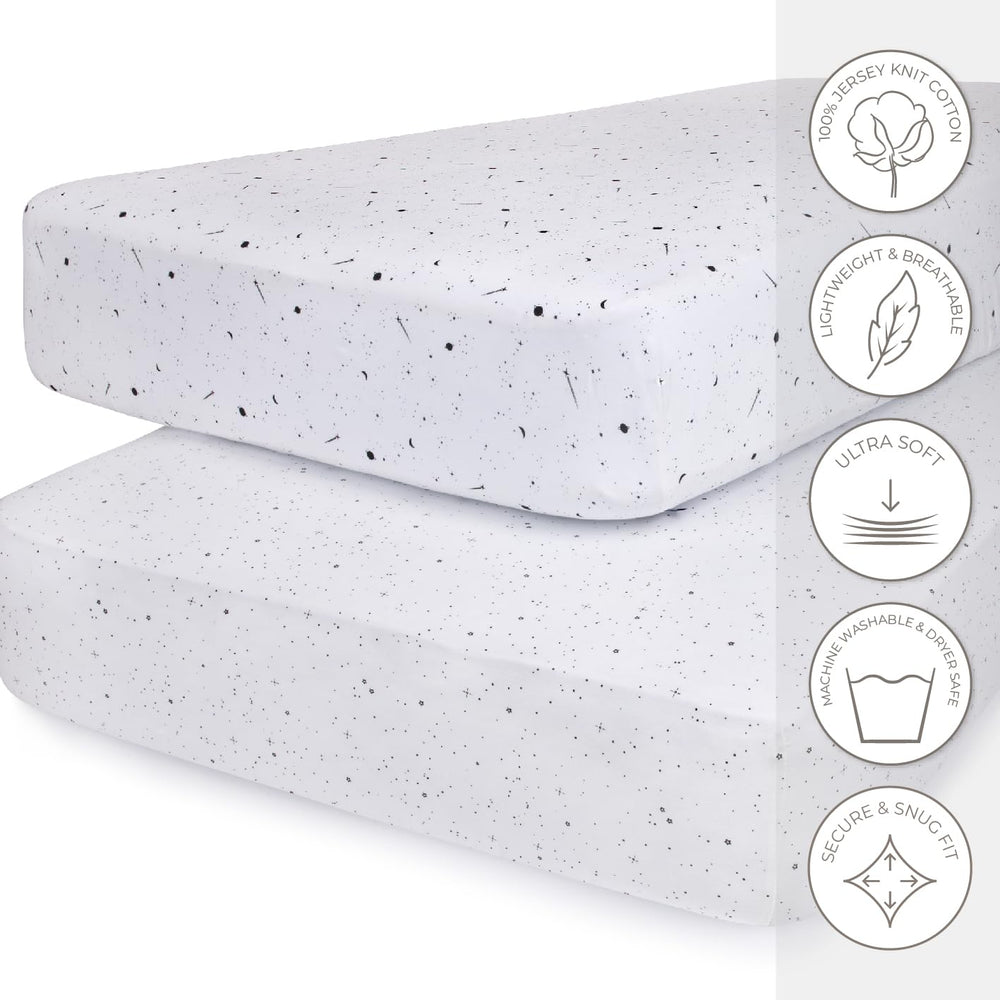 Ely’s & Co. 28x52 crib sheet on standard mattresses, wrinkle-free and breathable.