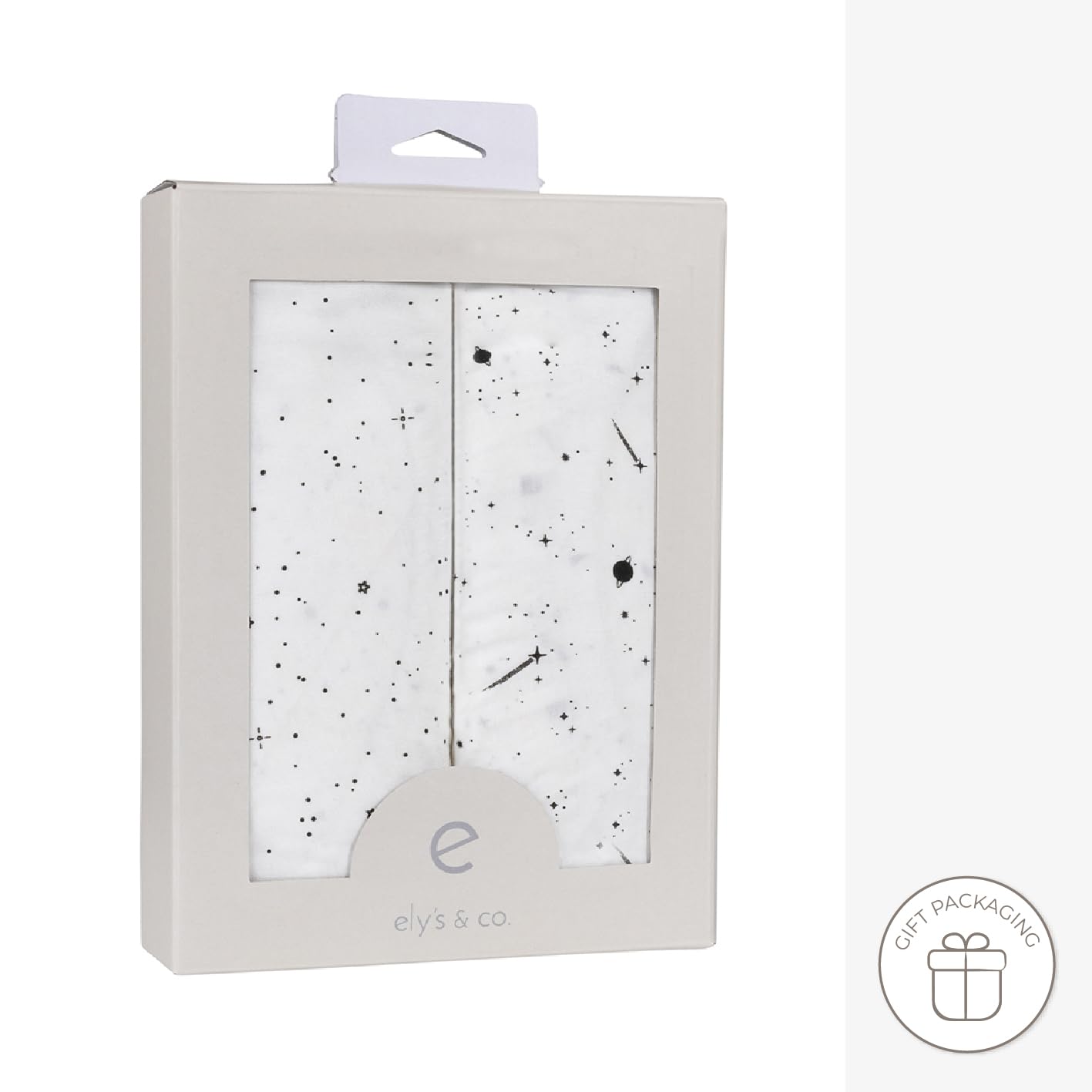 Ely’s & Co. two-pack crib sheets, gift-ready packaging for baby showers.