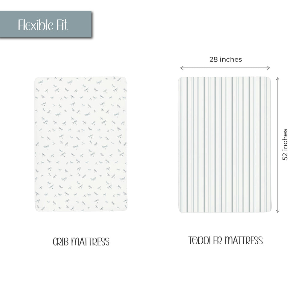 Ely's & Co. dragonflies blue crib sheet—easy-care for busy parents.