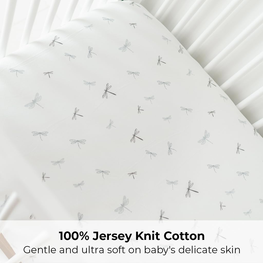 Ely's & Co. dragonflies blue crib sheet—lightweight and gentle on baby skin.