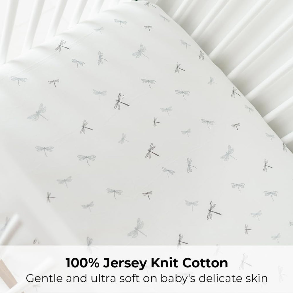 Ely's & Co. dragonflies blue crib sheet—lightweight and gentle on baby skin.
