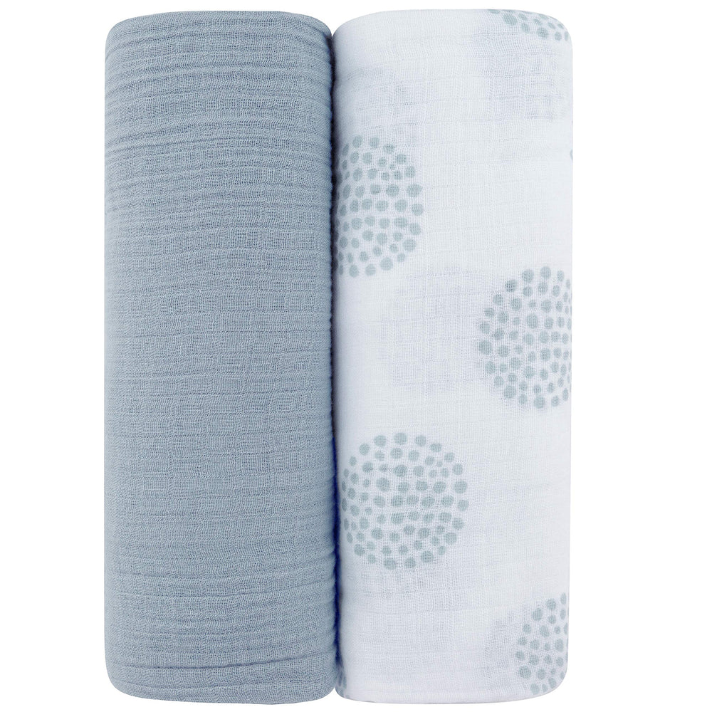 Ely's & Co Misty Blue Dottie swaddle close-up, soft breathable cotton.