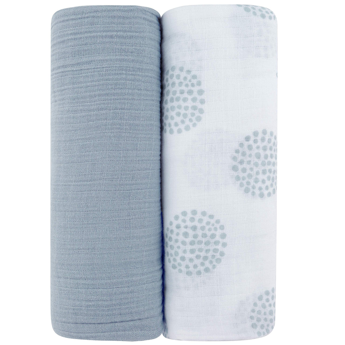 Ely's & Co Misty Blue Dottie swaddle close-up, soft breathable cotton.