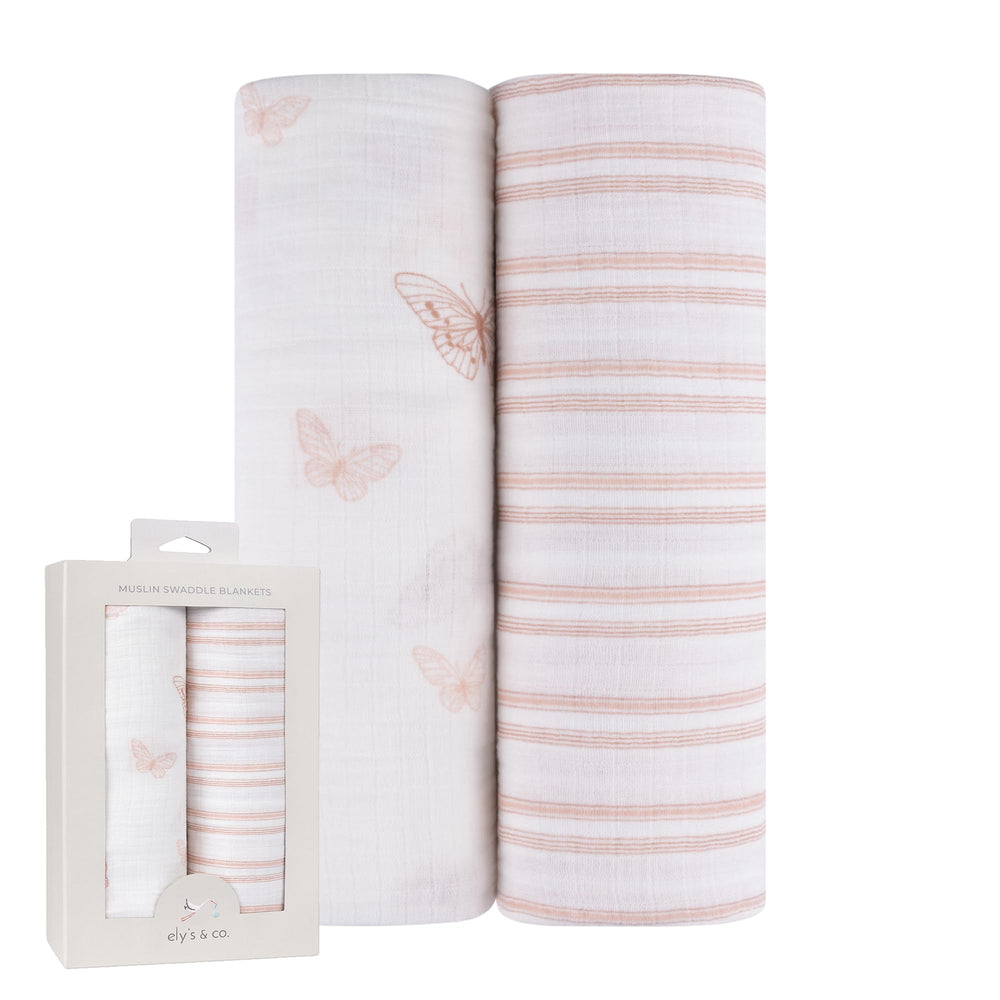 Ely's & Co. muslin swaddle blankets with pink butterflies for gentle, breathable newborn comfort.