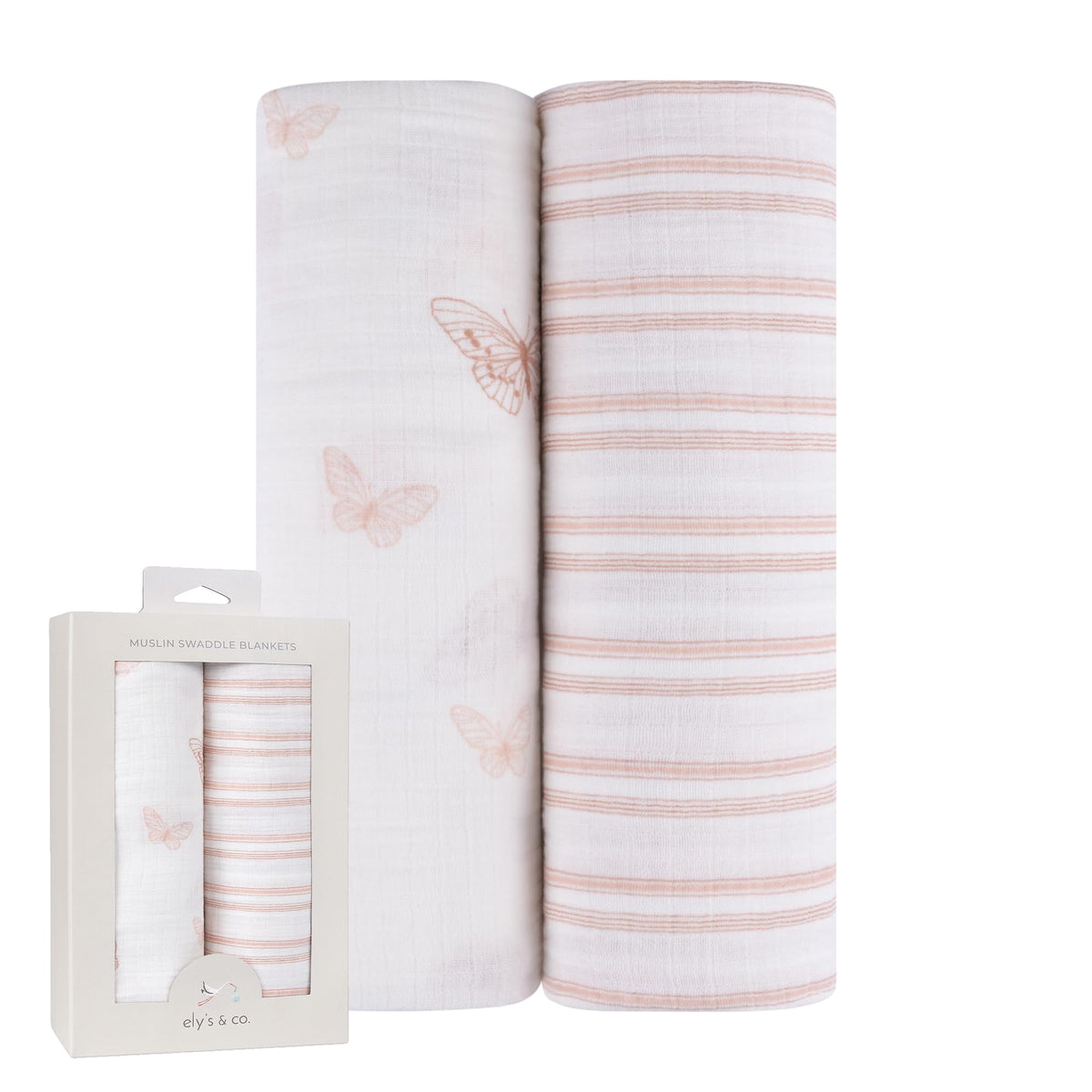 Ely's & Co. muslin swaddle blankets with pink butterflies for gentle, breathable newborn comfort.