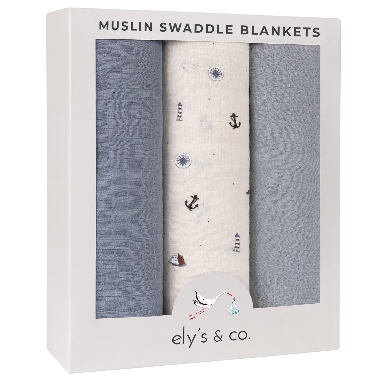 Ely's & Co. muslin swaddle blankets in nautical blue and ivory, breathable baby comfort.