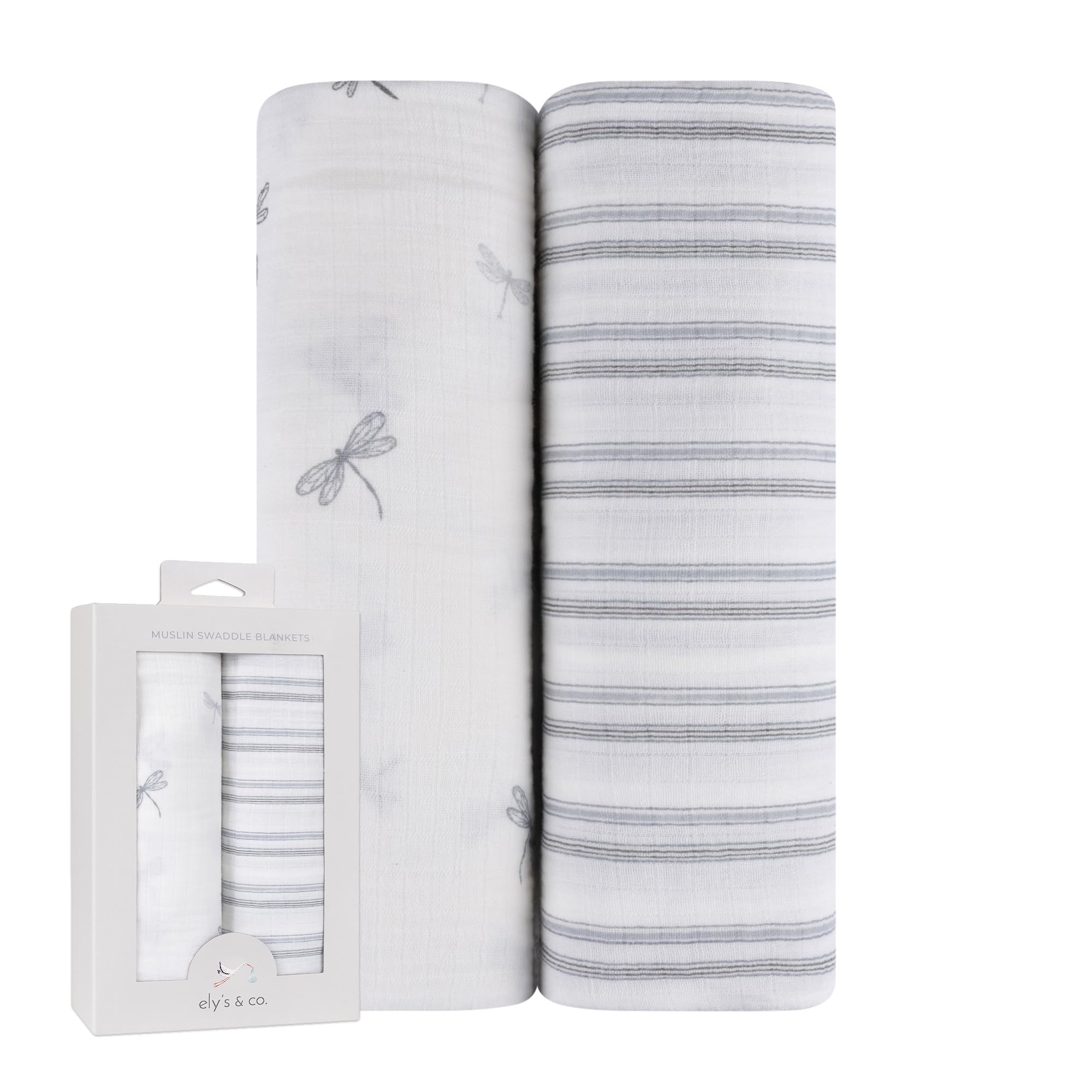 Ely's & Co muslin swaddle blanket with blue dragonflies print for gentle soothing.