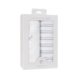 Ely's & Co muslin swaddle blanket with blue stripes print for breathable wrapping.