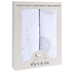 Ely's & Co Pack N Play sheet in grey dottie on crib bed for soft sleep surface