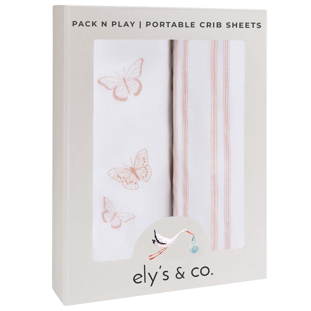 Ely's & Co Pack and Play sheet in pink butterflies, gentle and breathable for baby naps