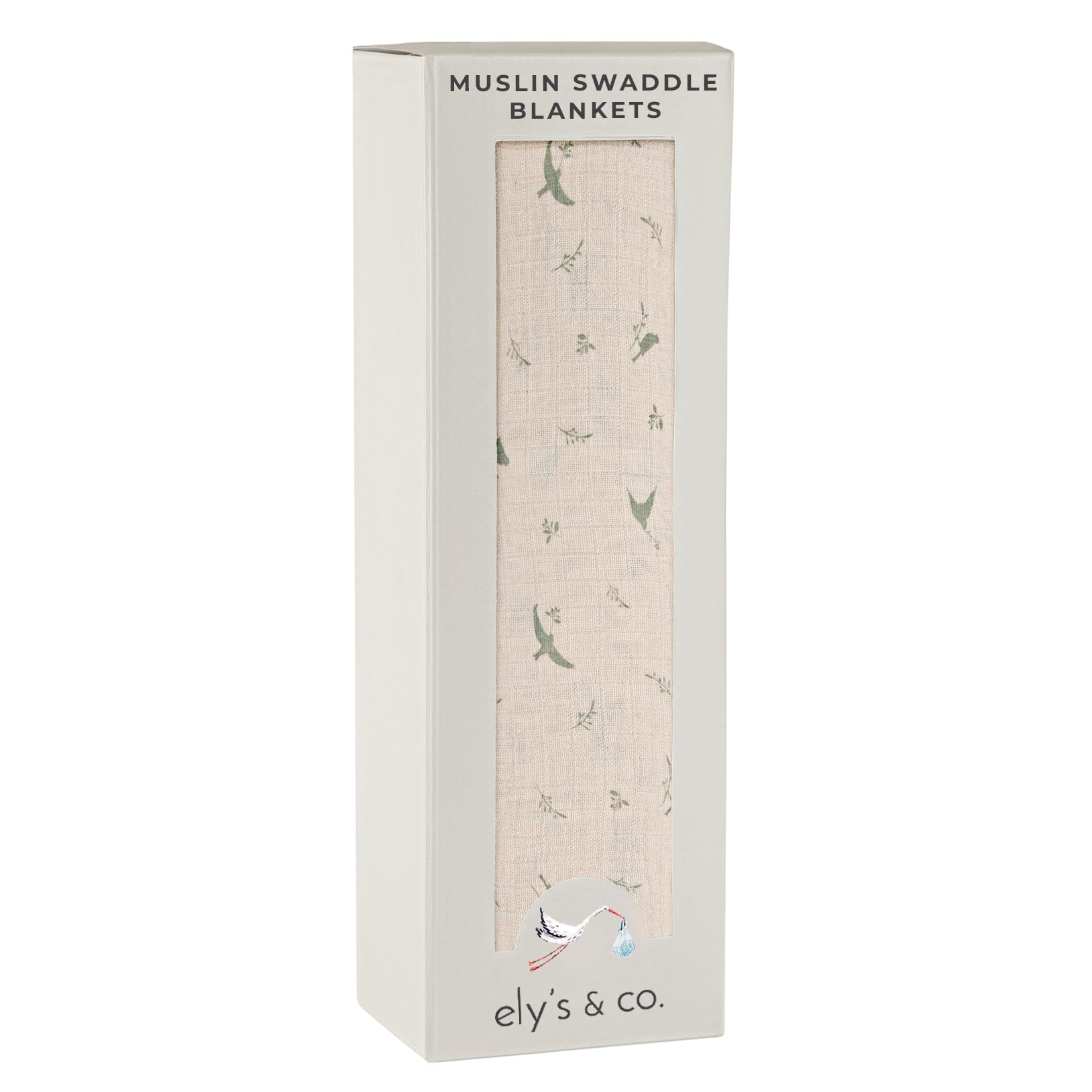 Ely's & Co sage bird swaddle blanket in soft cotton muslin for gentle skin and airy comfort.