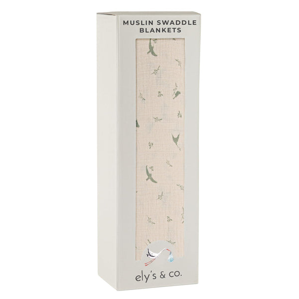 Ely's & Co sage bird swaddle blanket in soft cotton muslin for gentle skin and airy comfort.