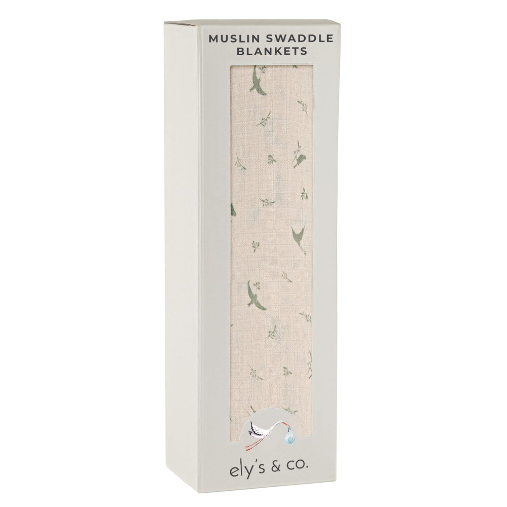 Ely's & Co sage bird swaddle blanket in soft cotton muslin for gentle skin and airy comfort.