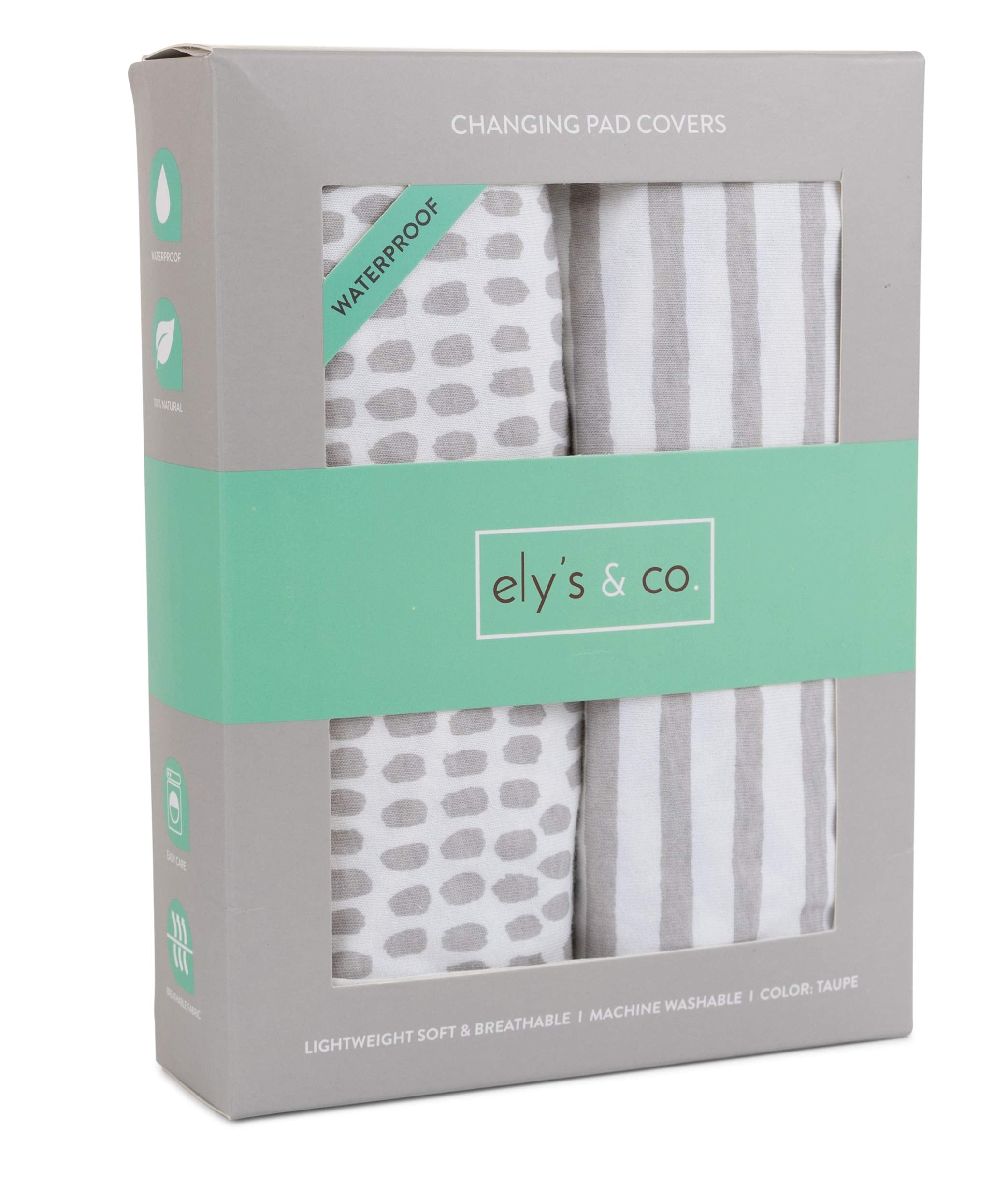 Ely's & Co waterproof changing pad cover with abstract stripes in taupe, keeps messes contained.